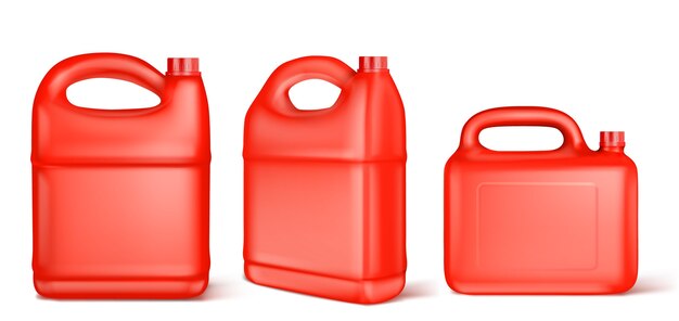 Recipiente de plástico rojo para combustible líquido, cloro, aceite de motor, lubricante para automóviles o detergente.