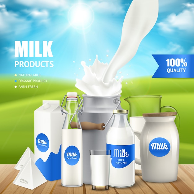 recipientes de leche realistas en poser mesa