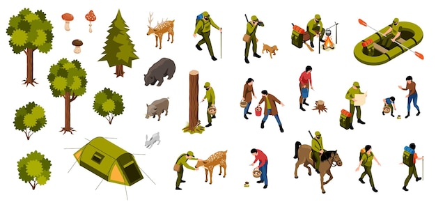 Vector gratuito recolectores de hongos isométricos cazador de pescadores con íconos aislados de animales de árboles forestales con personajes humanos ilustración vectorial