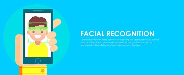 Vector gratuito reconocimiento facial e identificación móvil. youngman desbloqueando su teléfono inteligente, o aplicación.