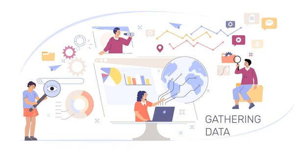 Recopilación de datos de composición plana con equipo de gráficos de estadísticas de socios comerciales y diagramas de ilustración de vector de empresa
