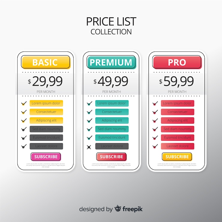 Vector gratuito recopilación de la lista de precios fijos