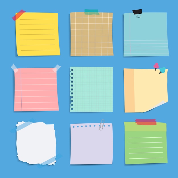 Recordatorio colorido conjunto de vectores de notas de papel