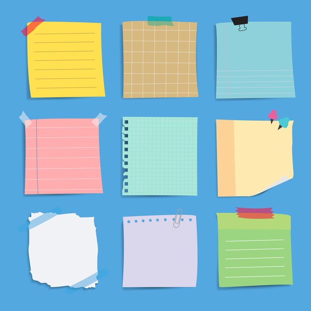 Recordatorio colorido conjunto de vectores de notas de papel