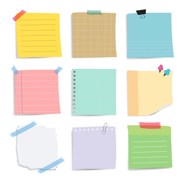 Recordatorio colorido conjunto de vectores de notas de papel