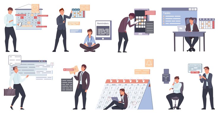 Vector gratuito recordatorio de composición plana de negocios de personas con íconos aislados de empleados con burbujas de chat, calendarios, íconos de notificación, ilustración vectorial