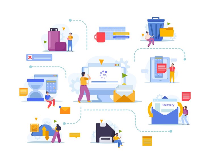 Vector gratuito recuperación de datos y copia de seguridad composición plana con personas restaurando archivos y manteniéndolos seguros ilustración vectorial