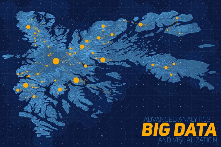 Vector gratuito red de big data sobre el mapa. visualización topográfica de datos topográficos complejos. datos abstractos en el gráfico de elevación. colorida imagen de datos geográficos.