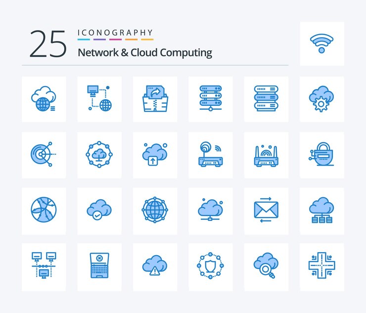 Vector gratuito red y computación en la nube paquete de iconos de 25 colores azules que incluye monitor de almacenamiento de equipo computación en red