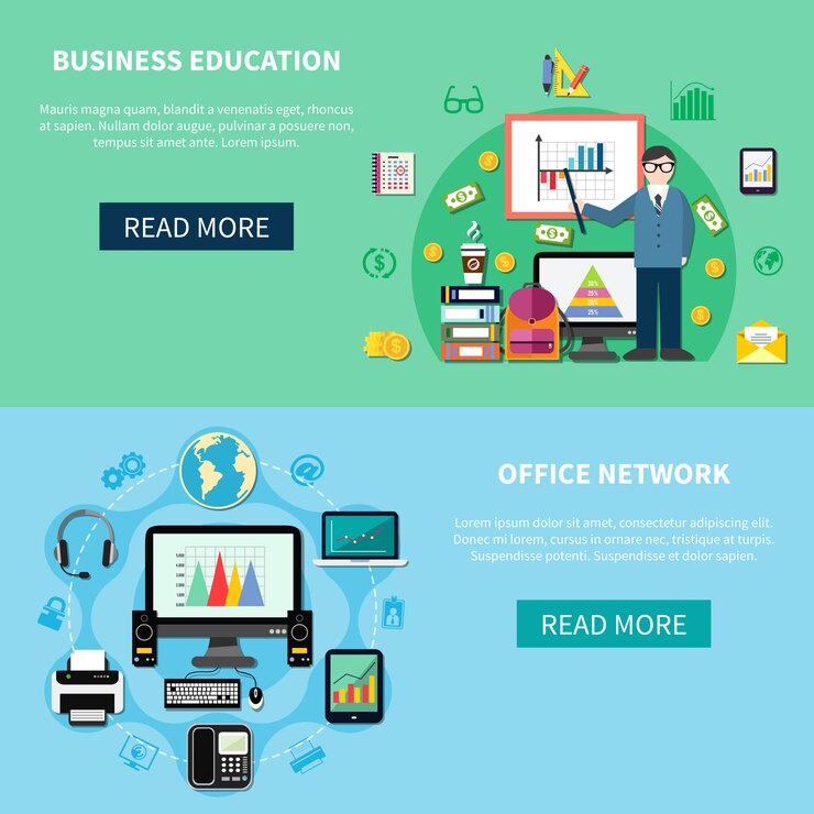 Vector gratuito red de oficinas y banners de educación empresarial