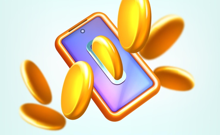 Vector gratuito reembolso 3d con pantalla de teléfono móvil y monedas de oro voladoras