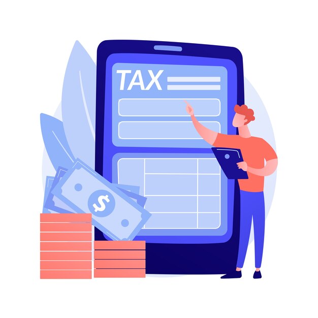 Reembolso de tarifa. Compense los servicios en línea. Deber, tarea pasada por alto, remuneración. Coste imputado y sobreimpuestos. Hombre de pie con el teléfono en las manos. Ilustración de metáfora de concepto aislado de vector.