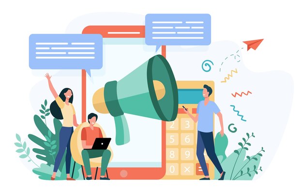 Referencias publicitarias de blogueros. Jóvenes con gadgets y altavoces anunciando novedades, atrayendo al público objetivo. Ilustración de vector de marketing, promoción, comunicación