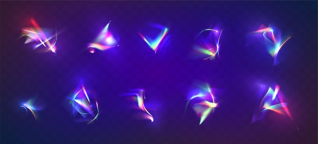 Vector gratuito reflejo de luz de prisma de diamante o lente conjunto realista de destellos iridiscentes brillantes bengalas de arco iris