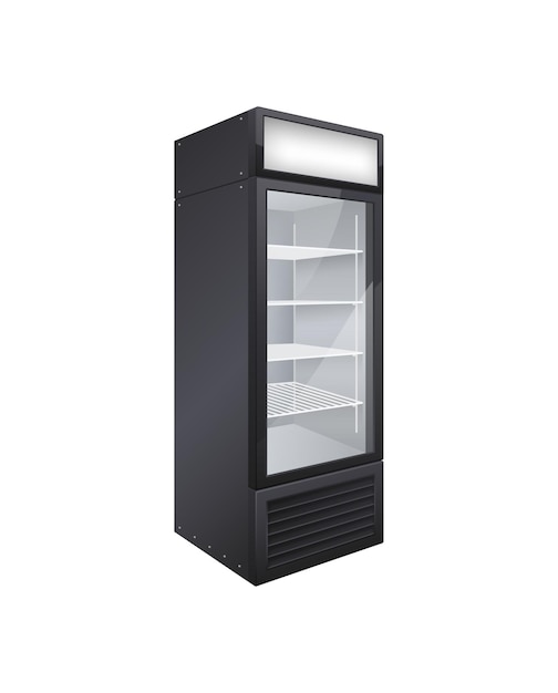 Refrigerador de bebida de puerta de vidrio comercial composición realista con imagen aislada de refrigerador de tienda