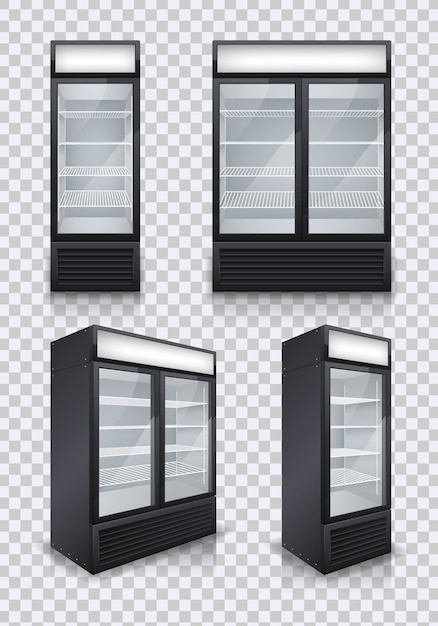 Vector gratuito refrigeradores comerciales de bebidas con puerta de vidrio en transparente