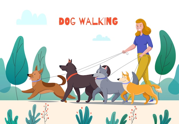 Refugio de animales perro caminando composición con texto editable y paisaje de parque al aire libre mujer con cuatro perros ilustración