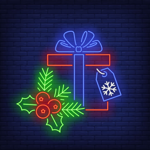 Vector gratuito regalo de navidad en estilo neón