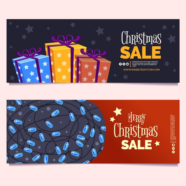 Vector gratuito regalos envueltos y luces de cadena banners de venta de navidad