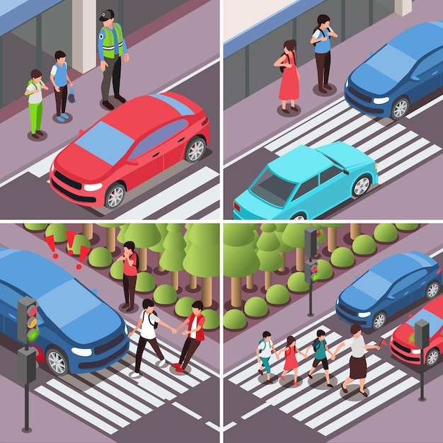 Vector gratuito reglas de seguridad vial para niños 2x2 conjunto de composiciones cuadradas con vistas isométricas de pasos de peatones urbanos que pasan ilustración vectorial