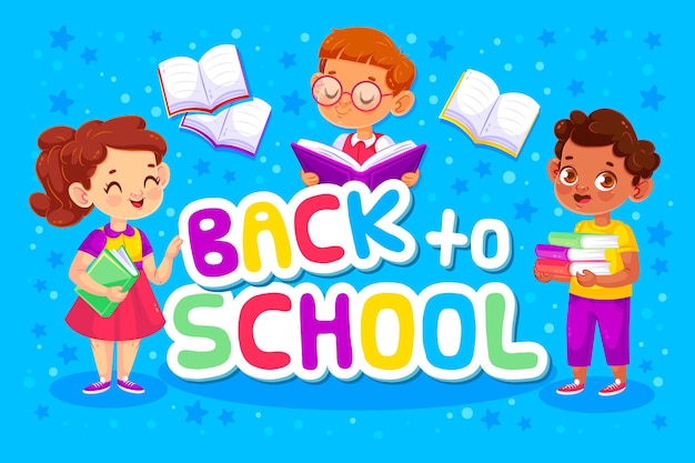Regreso a la escuela con niños y libros.