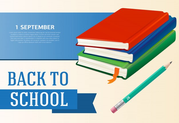 Regreso a la escuela, primero de septiembre diseño de cartel con libros de texto.