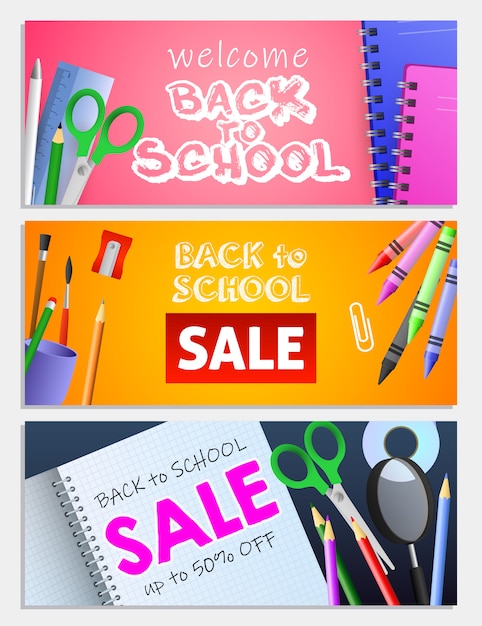 Vector gratuito regreso a la escuela venta conjunto de letras, tijeras, lápices, cuadernos