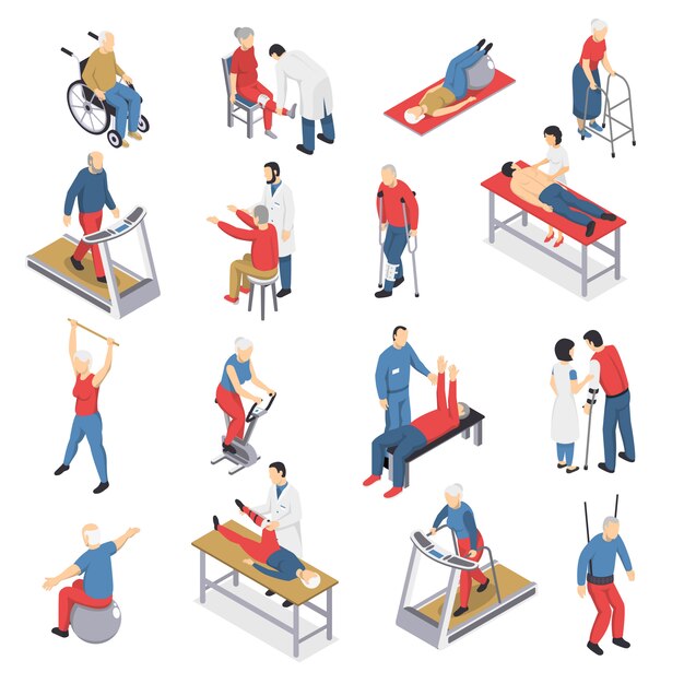Rehabilitación fisioterapia conjunto de iconos isométricos