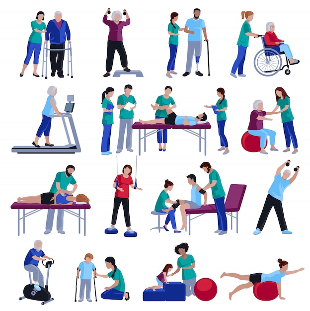 Rehabilitación de fisioterapia personas colección de iconos planos
