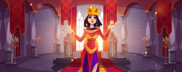 Reina en palacio interior sala del trono medieval personaje de dibujos animados de la familia real monarquía persona en oro ... vector gratuito