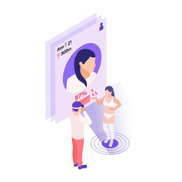 Relaciones virtuales composición isométrica de citas en línea con hombre en gafas vr escaneando niña con pantalla de aplicación e ilustración de porcentaje