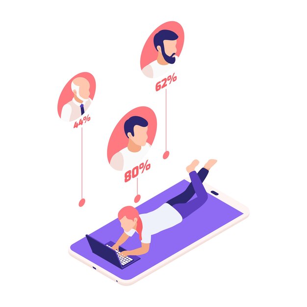 Relaciones virtuales composición isométrica de citas en línea con una niña acostada en un teléfono inteligente y avatares de socios potenciales con ilustración de porcentaje