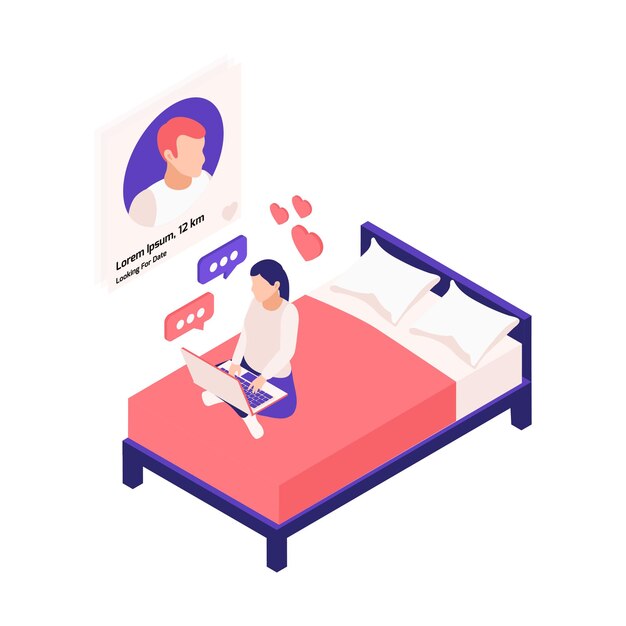 Vector gratuito relaciones virtuales composición isométrica de citas en línea con una niña sentada en la cama con la ilustración de la aplicación de computadora portátil