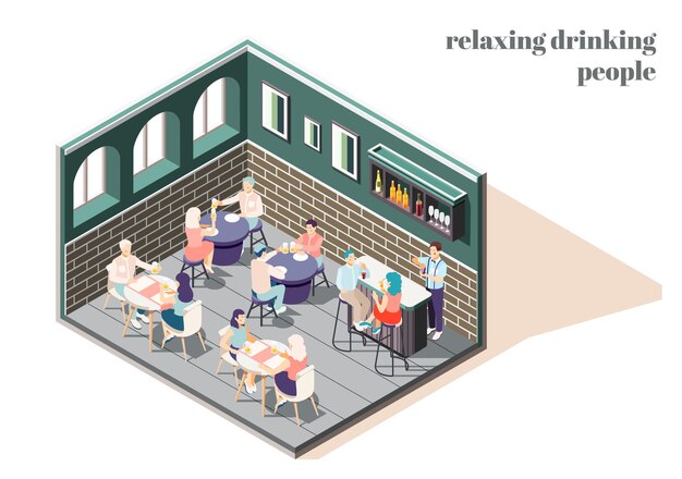 Relajarse y beber personas en concepto isométrico de bar con ilustración de símbolos de ocio