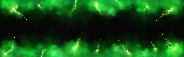 Vector gratuito relámpagos en humo verde sobre fondo transparente vector ilustración realista de nube abstracta de gas tóxico descargas de energía eléctrica de neón brillante diseño de marco de banner de aire venenoso