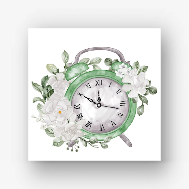 Vector gratuito reloj alarma flor gardenia ilustración acuarela blanca