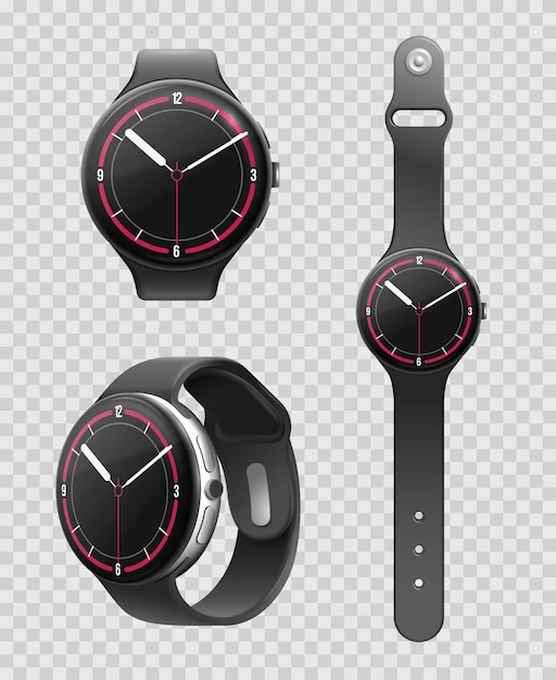 Vector gratuito reloj de mano inteligente conjunto transparente de aparatos electrónicos con pantalla circular y manos mecánicas aisladas ilustración vectorial realista