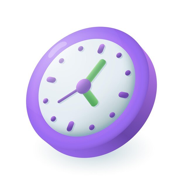 Reloj morado redondo con icono 3D de manos verdes. Esfera de reloj o dial como símbolo de tiempo Ilustración de vector 3D sobre fondo blanco. Gestión del tiempo, organización, fecha límite, concepto deportivo.