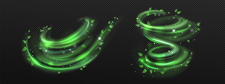 Vector gratuito remolino de viento abstracto con hojas verdes y destellos