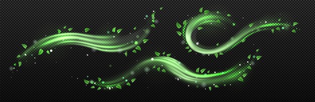 Remolino de viento abstracto con hojas verdes y destellos