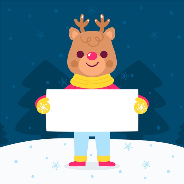 Reno de Navidad personaje sosteniendo pancarta en blanco