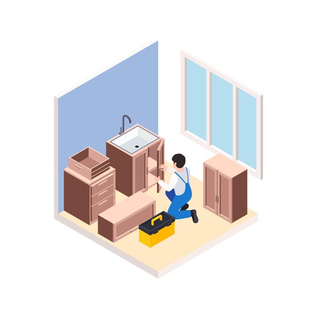 Renovación, reparación, obras, composición isométrica, con, carácter, de, manitas, ensamblar, muebles, en, cocina