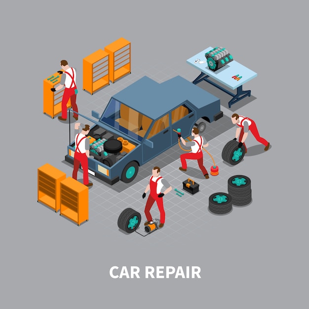 Reparación de automóviles Auto Center composición isométrica