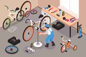 Vector gratuito reparación de bicicletas garaje con hombre arreglando el pedal de la bicicleta ilustración isométrica 3d