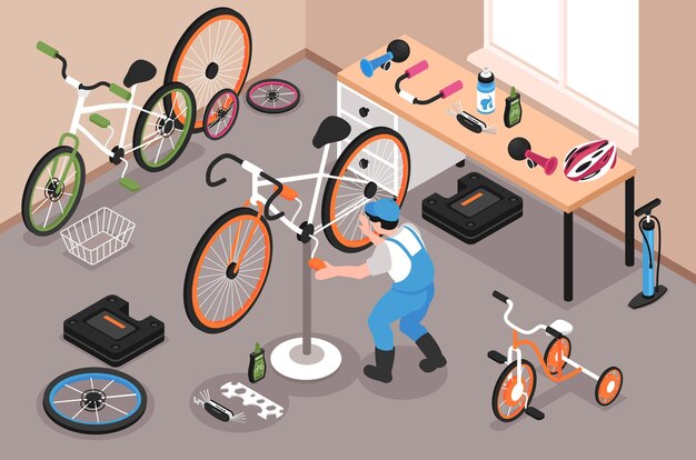 Reparación de bicicletas garaje con hombre arreglando el pedal de la bicicleta ilustración isométrica 3d