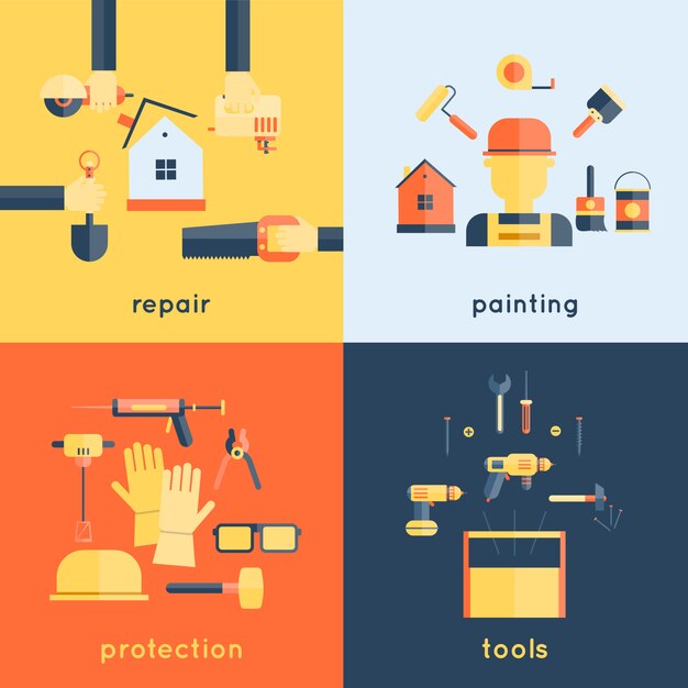 Reparación en el hogar pintura pincel herramientas de construcción medición iconos planos ilustración diseño de composición vector