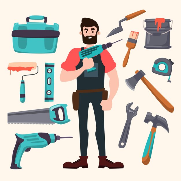 Reparación de hombre con herramientas para trabajar en estilo de dibujos animados