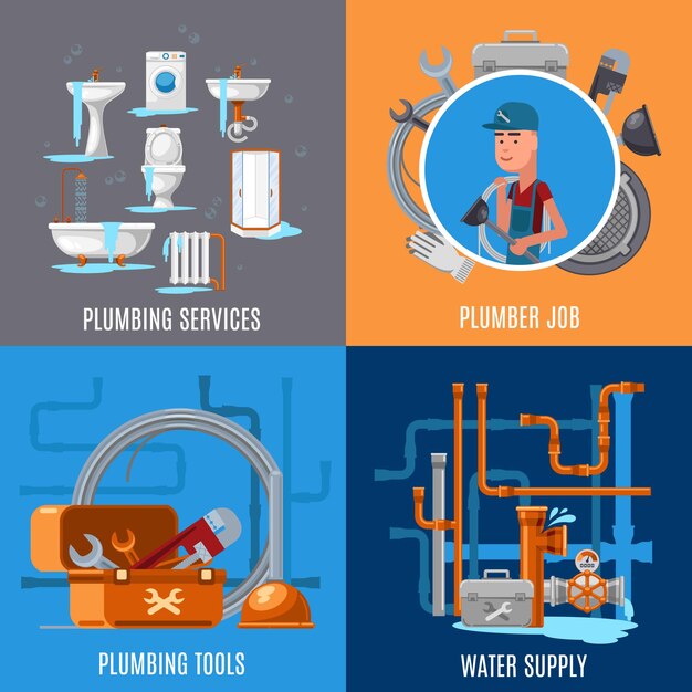 Reparación sanitaria y concepto de fontanería. Ilustración de servicios de plubming y trabajo de fontanero.