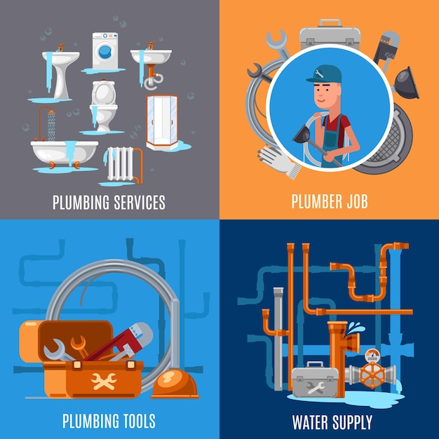 Reparación sanitaria y concepto de fontanería. Ilustración de servicios de plubming y trabajo de fontanero.