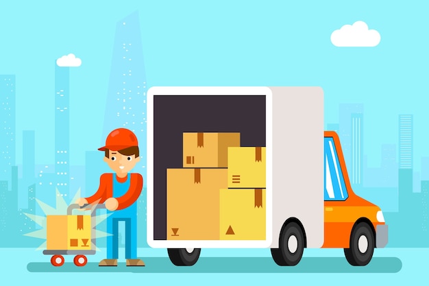 Repartidor descarga cajas de coches de reparto. transporte de carga, cartón y vehículo,